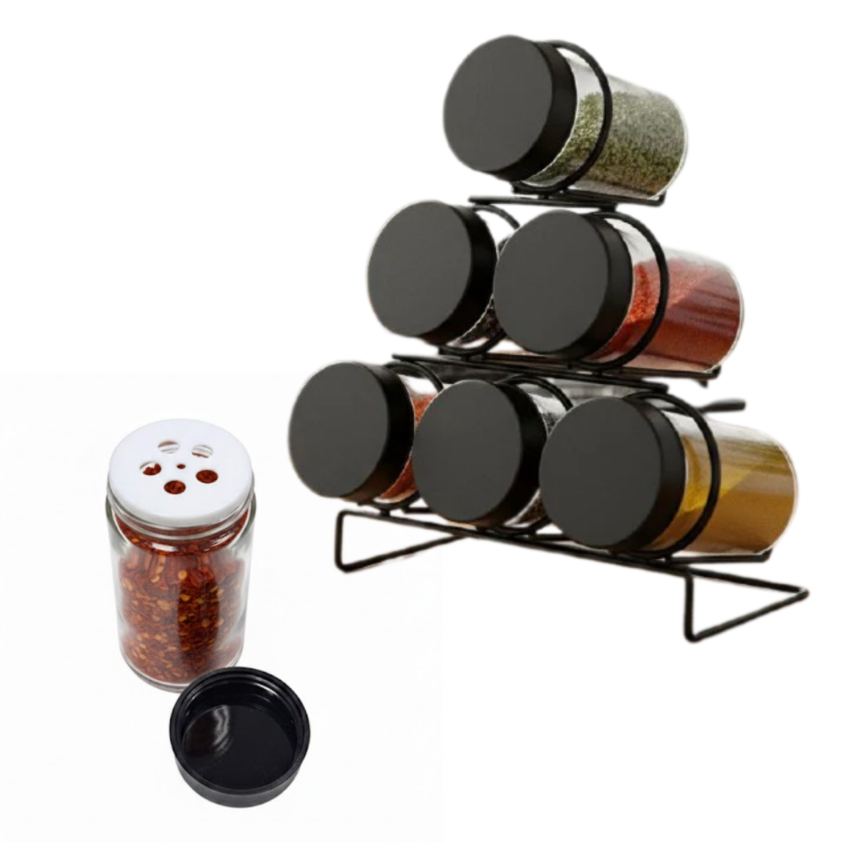 Set De Especieros Vidrio X6 Con Soporte Metal Negro 120ml