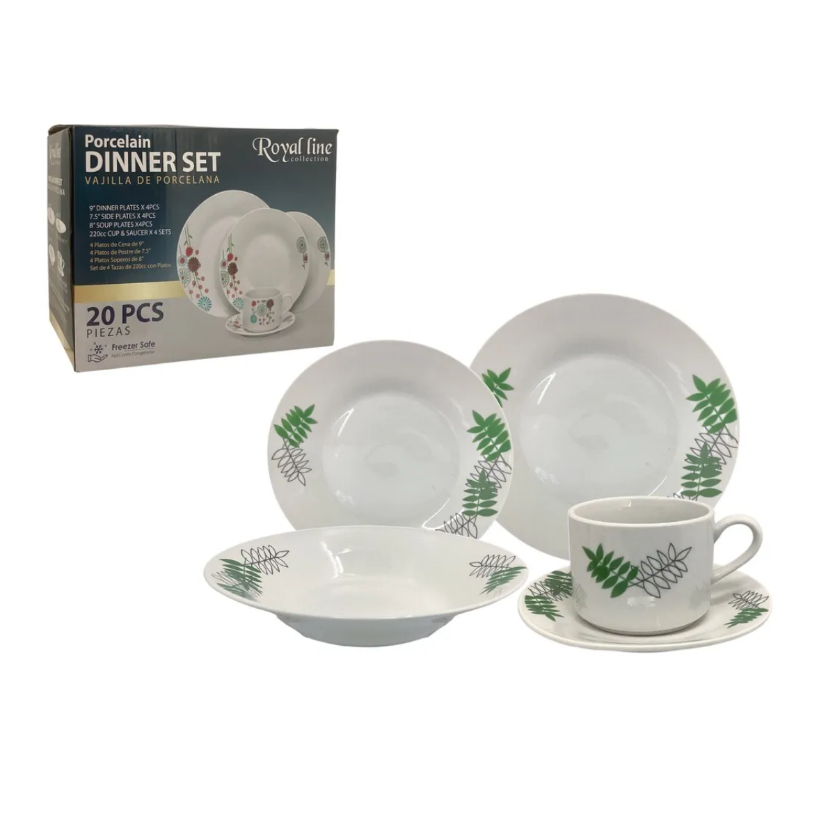 Set De Vajilla 20 Piezas Royal Line Porcelana Diseño Hojas